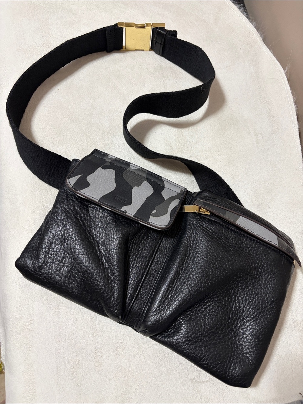Black Leather GILI Waist Bag with Gray Camo Accent